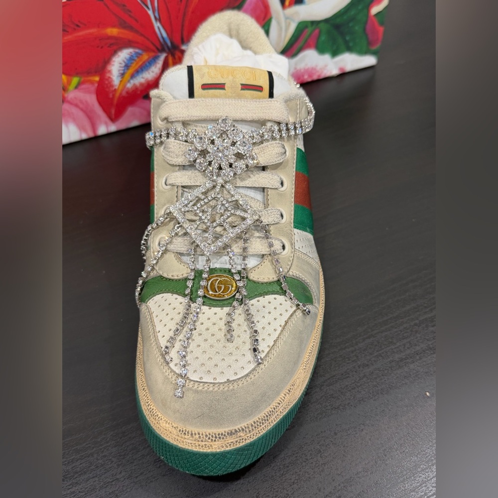 Gucci Cream/Green Sneakers w/ rhinestone chain/off-white collection- authentic